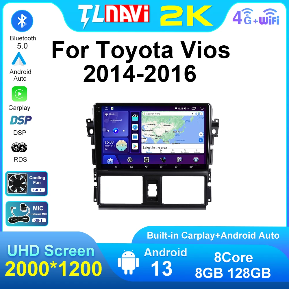 Android 2K Screen Car GPS Navigator Radio Multimedia Player Head Unit For 2014 2015 2016 Toyota Vios Carplay AndroidAuto