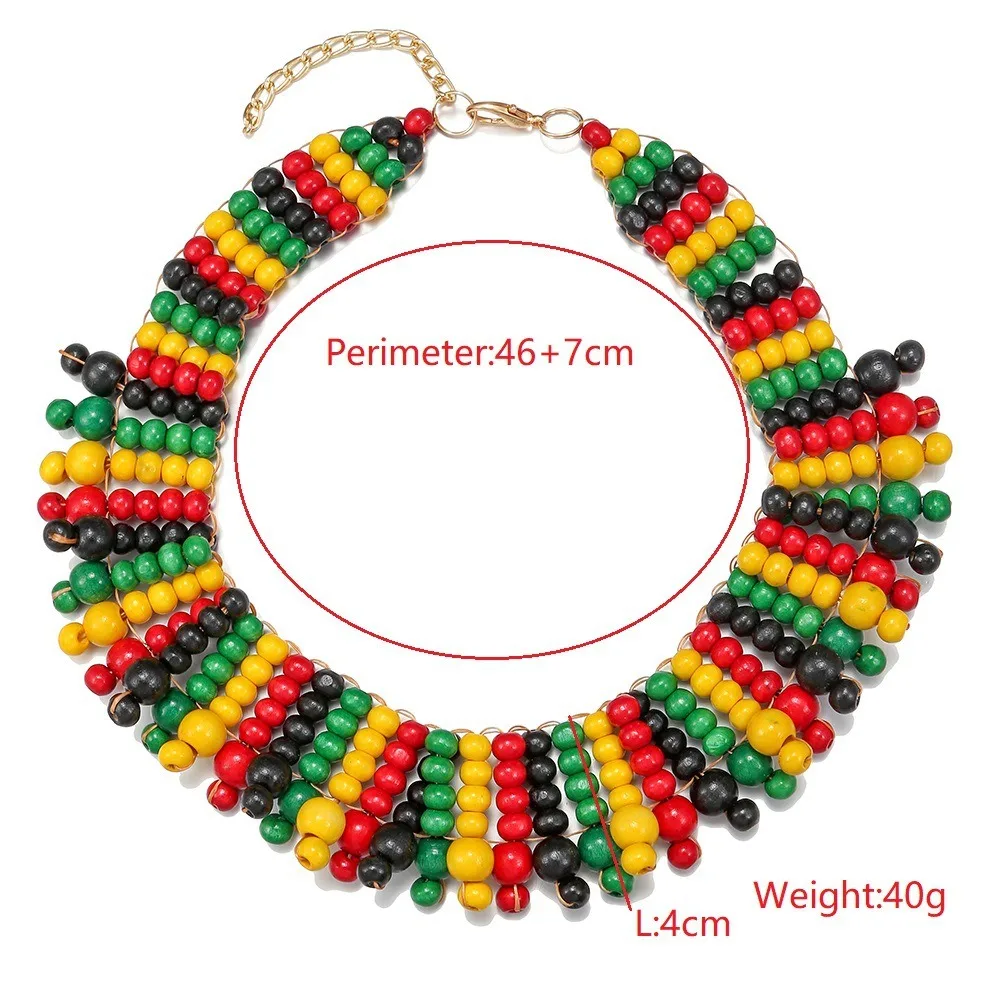 Colorful Beads Jamaican Necklace Earrings Set Wooden Beads African Style Bracelet Woven African Women's String Collar Charm