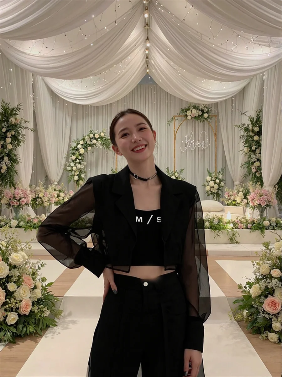 

Sun-proof Cropped See-through Back-Slit Blazers Elegant Woman Clothes For Women Splicing Red Waist Sequins Sparkling High-End OL