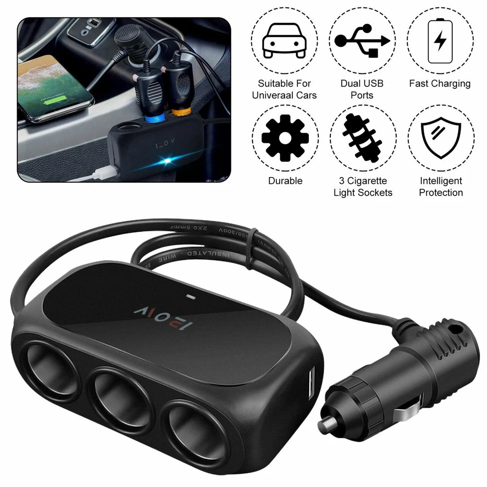 3 Socket Car Cigarette Lighter Splitter Dual USB LED Car Fast Charger 120W 12V 24V Car Charger Adapter for iPhone IPad Dashcam