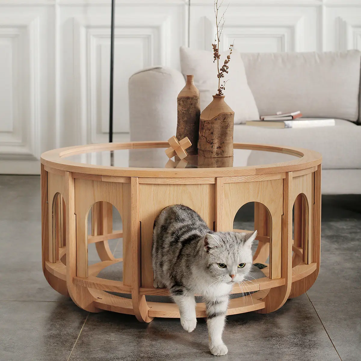 Living room creative solid wood round glass coffee table modern simple tea table household cat pet side table round table