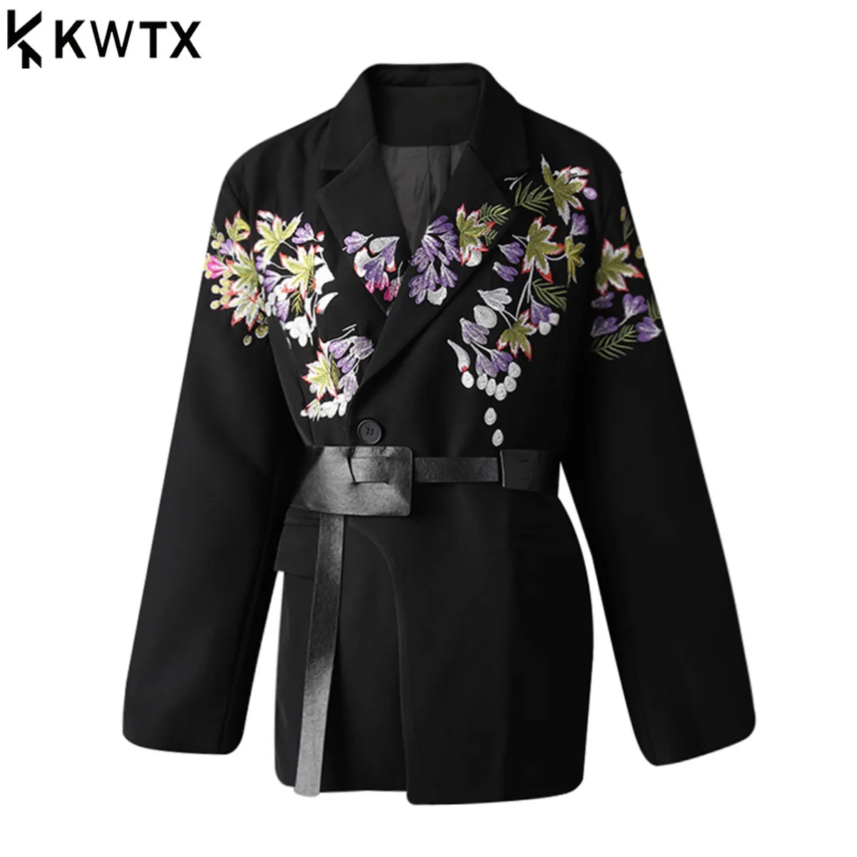

KWTX 2025 Women's Black Embroidery Flower Belted Big Size Blazer New Lapel Long Sleeve Jacket Fashion Tide Spring Autumn