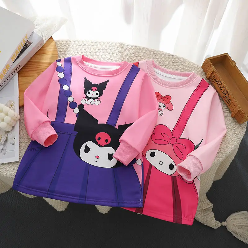 Cute Kuromi My Melody Dress Kawaii Anime Funny Printed Fake Shoulder Straps Loose Long Sleeves Cartoon Girls Hoodies 2024 New