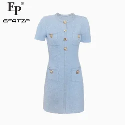 Haze Blue Knitted Mini Dress New 2024 woman's elegance Temperament Dress