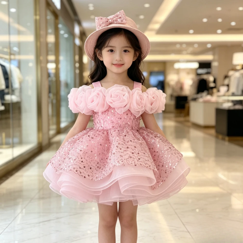 2026Kids Formal Outfit Off Shoulder 3D Flower Pink Children Girls Princess Dress Sequin Gown Tutu Model Runway Kids Performance
