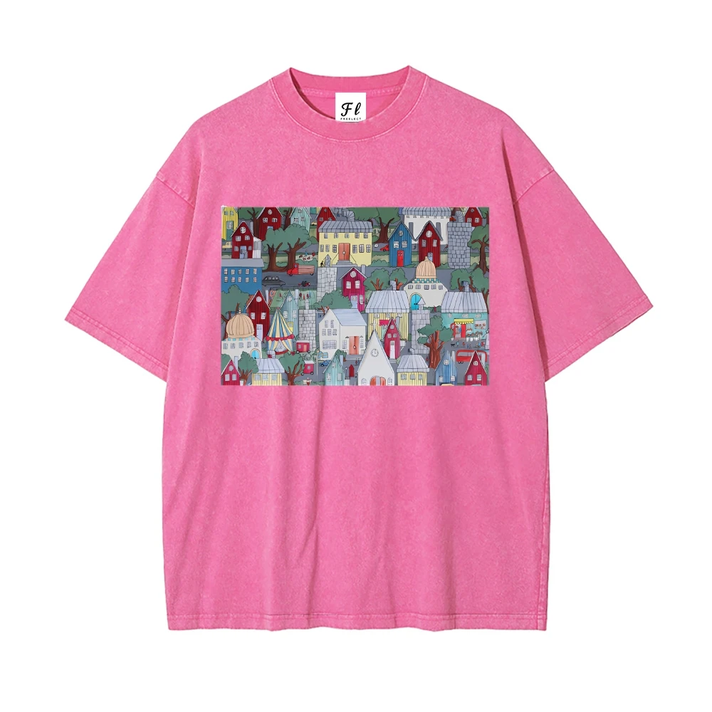 Bohemian Eye - Catching Soft Crew Neck Tee Vintage Washed Cartoon Town Graphic Artistic Casual Essential Standout Daily Wear