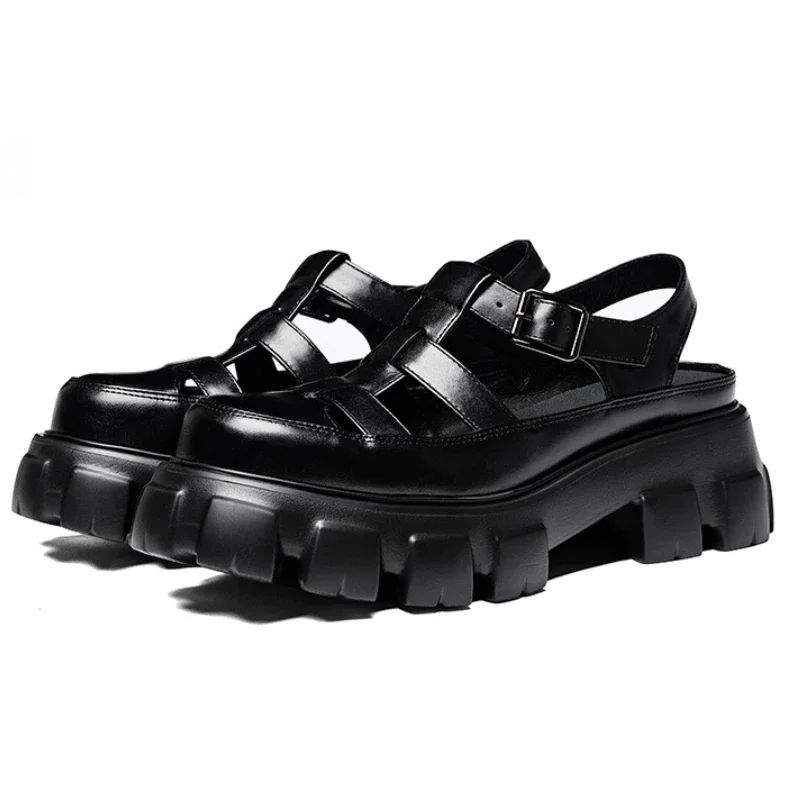Breathable Men Genuine Leather Sandals Luxury Handmade Platform 6 Cm Height Hollow Fashion 2026 Summer Outdoor Social Shoes Male