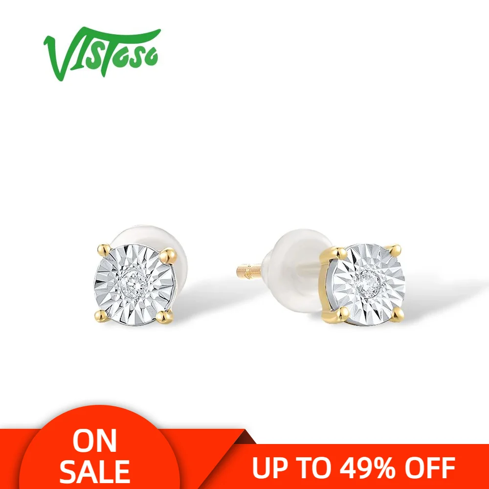 

VISTOSO Gold Earrings For Women 9K 375 Two Tone Gold Sparkling Diamond Stud Earrings Daily Wear Trendy Gift Fine Jewelry