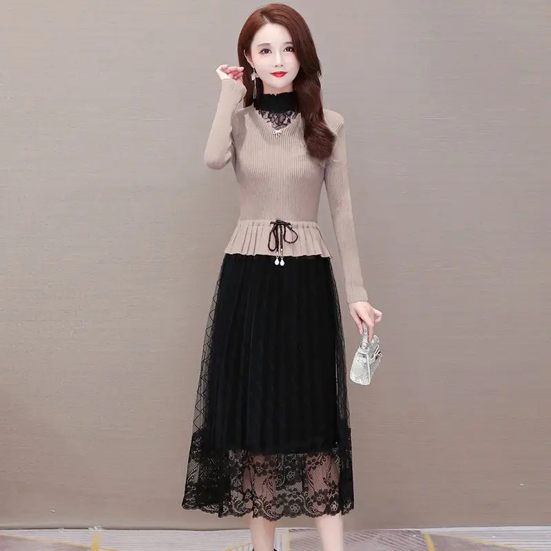 High Neck Collar Lace Patchwork Pullover Dresses Slim Lace-up Waist A-line Dresses 2023 Autumn New Long Sleeved Bottom Dresses