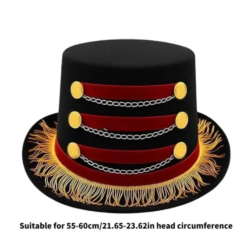 Tasseled Design Vintage Fascinator Hats Gold Fringe Red Black Color Black Circus Hat Gold Chains Gold Buttons Ringmaster Top Hat - view 6