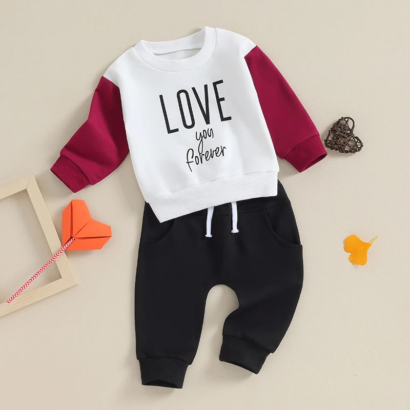 Infant Boys 2-Piece Clothing Set with Long Sleeve Top Featuring Letter Print and Matching Black Drawstring Pants