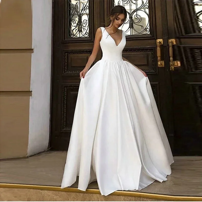 Sexy Satin V-neck Sleeveless Wedding Dresses свадебное платье Formal Wedding Bridal Gowns Vestidos De Novia Robe De Mariée