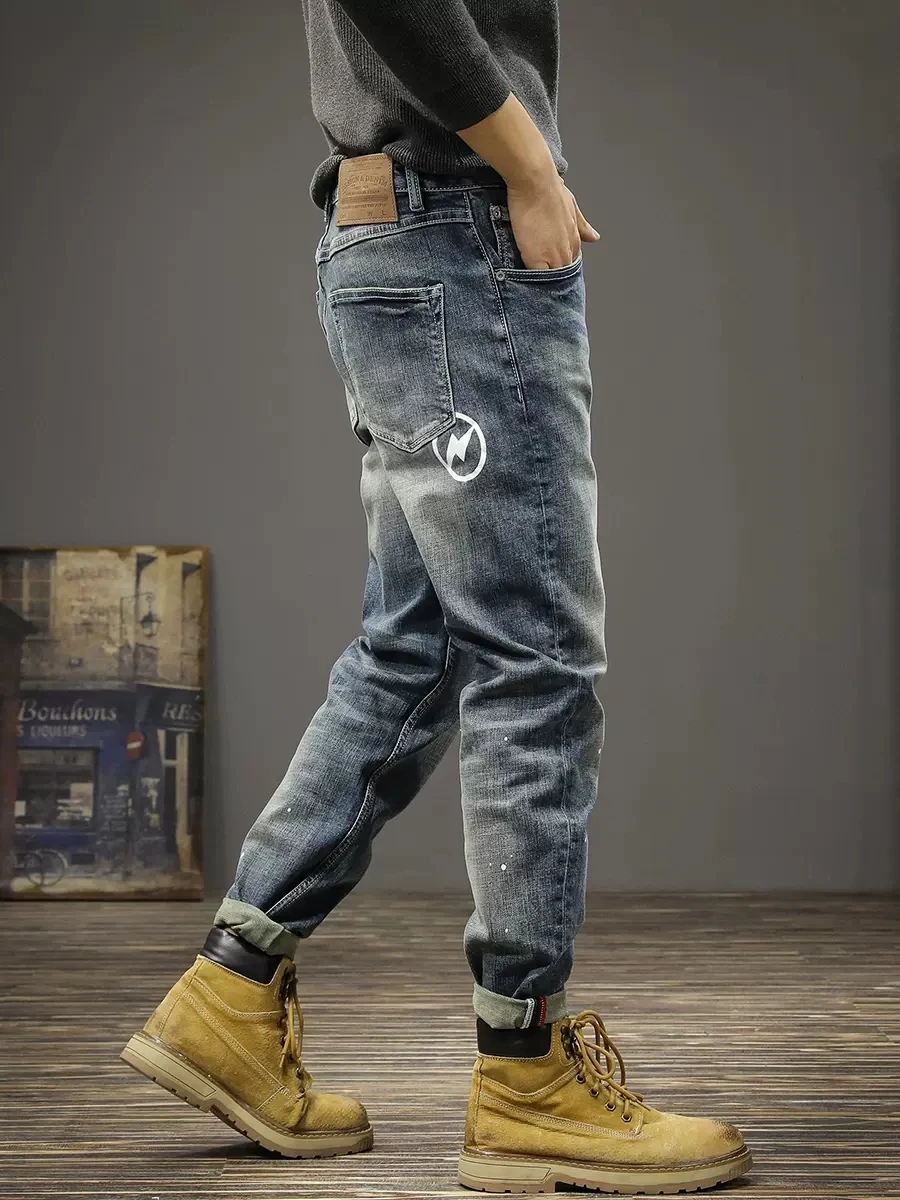 Streetwear Fashion Men Jeans Retro Blue Elastic Slim Fit Ripped Printed Jeans Men Vintage Trousers Casual Denim Pants Hombre