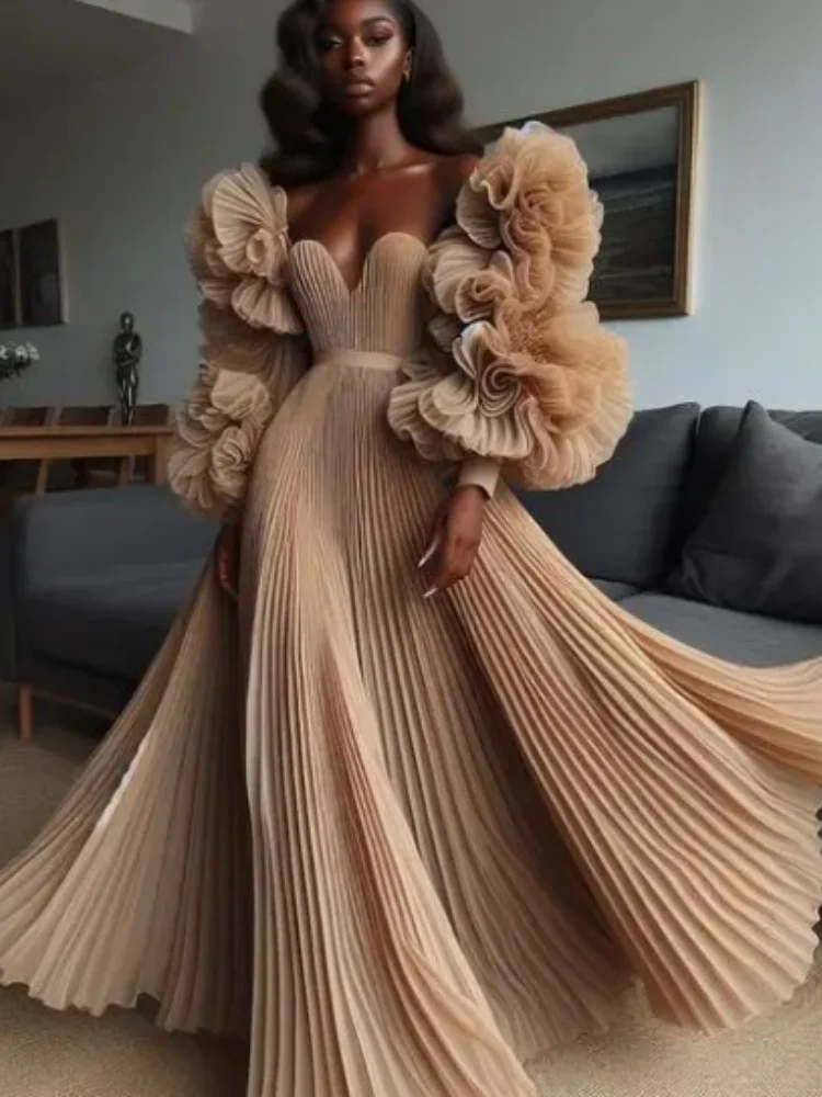 Customized Champagne pleated A-line long dress with ruffled flower fluffy sleeves, modern formal party dress, African long dress