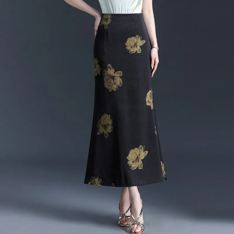 Ele Faion Gonna lunga stampata Vita alta Dimagrante Pendolarismo Fi Tail f Gonna corpo Sli Fibra di poliestere da donna di classe