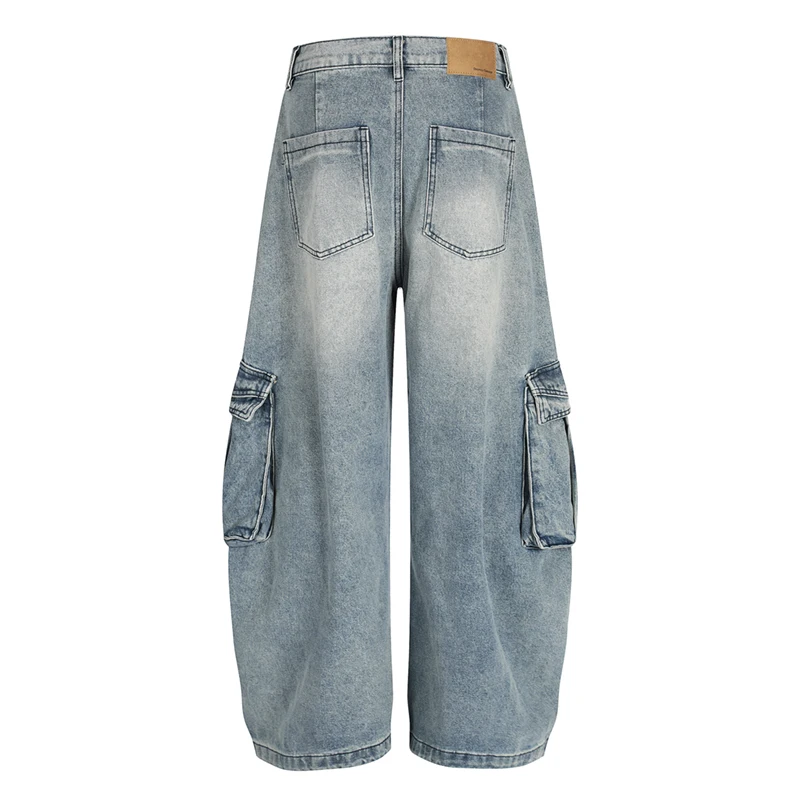 High Street Men's Jeans Solid Color Washing Multi Pockets Patchwork Denim Pants Wide Leg Male Curved Knife Bottom