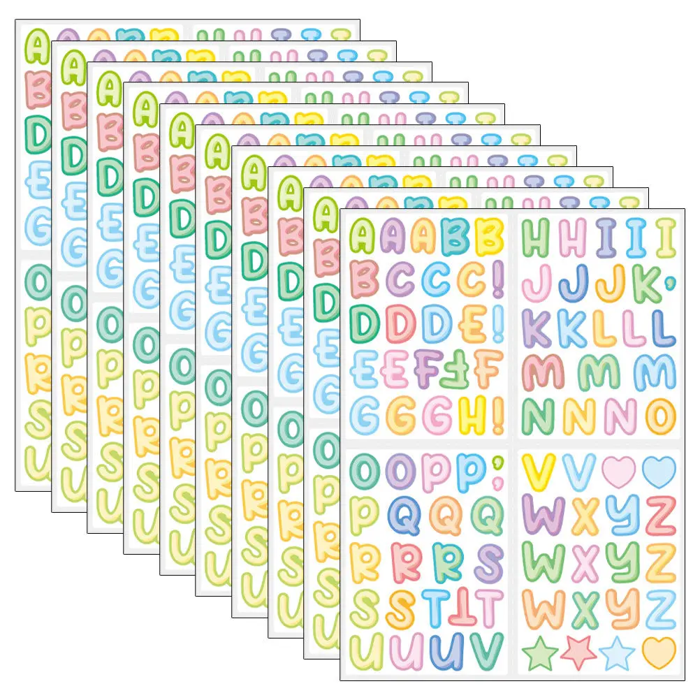 10Sheets Alphabet Stickers Colorful English Letter Stickers Water Resistant Peel and Stick for Water Bottles Laptops Journals