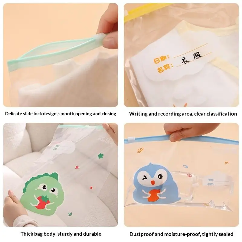 5Pcs Cute Cartoon Baby Clothing Storage Bag Waterproof Resealable Zipper Writable Label Organizer