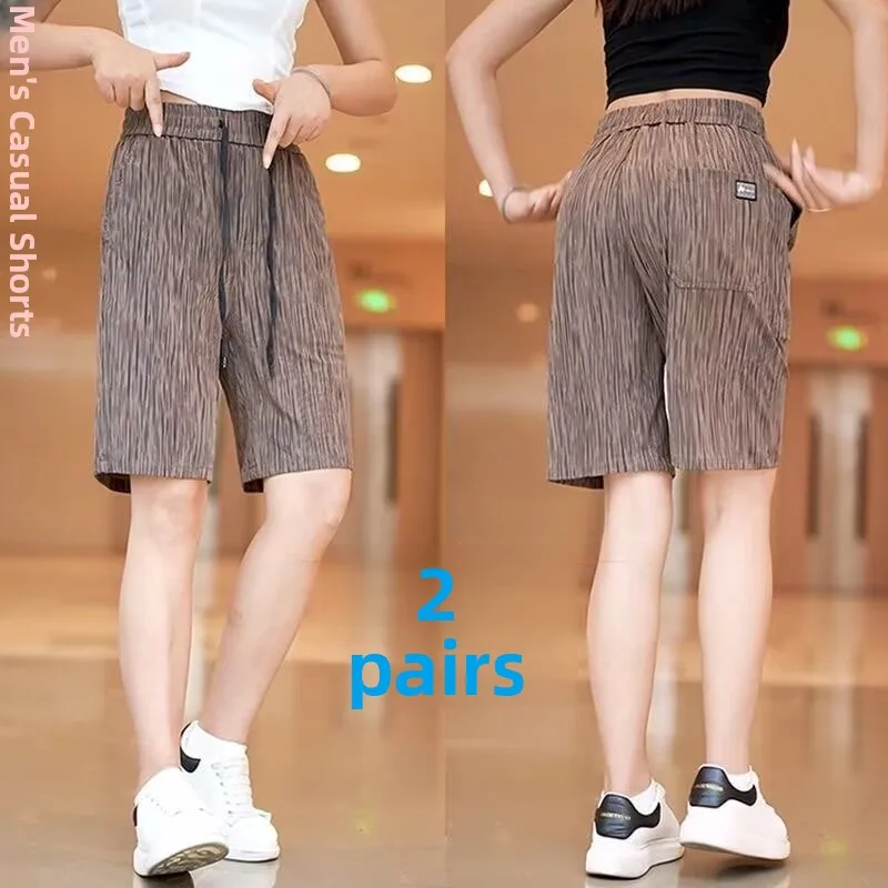Summer Thin Casual Sports Short Pants Women's Elastic Vertical Stripe Mid-Length Five-Point Pants New Style Commute Style