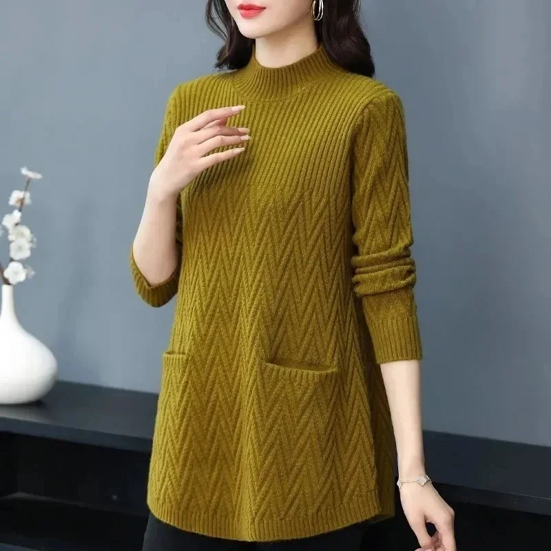 Frauen Pullover Pullover 2025, Neue Feste Halb Hohe Kragen Dicke Warme Lange Gestrickte Pullover Winter Weibliche Tops Bodenbildung Shirt