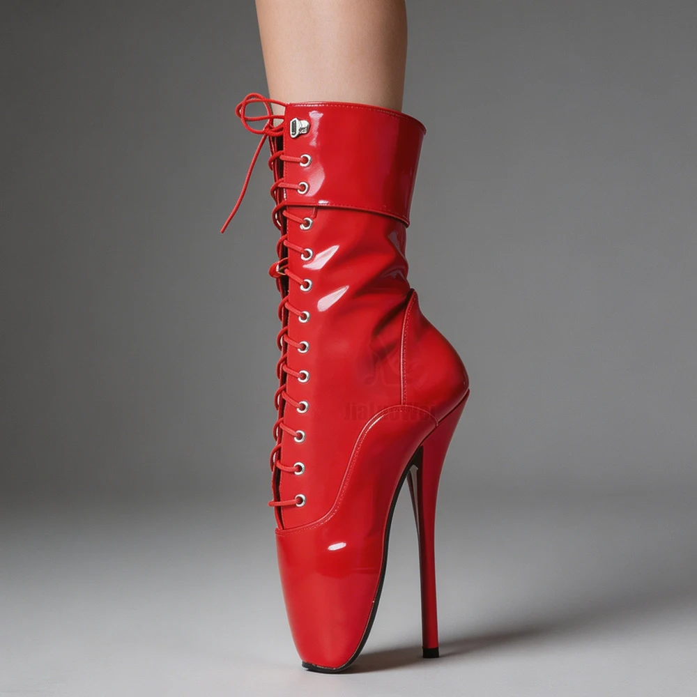 

Extreme High 7" High Spike Heel Pointed Toe Patent Leather Exotic Fetish Sexy Padlocks Lockable BALLET Ankle Boots