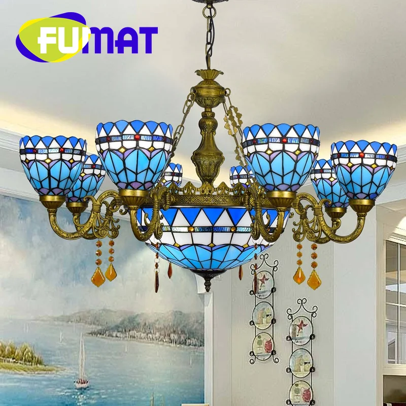 

FUMAT Tiffany style stained glass blue Mediterranean multi-head crystal Pendant lamp Living Room Restaurant Hotel LED decor