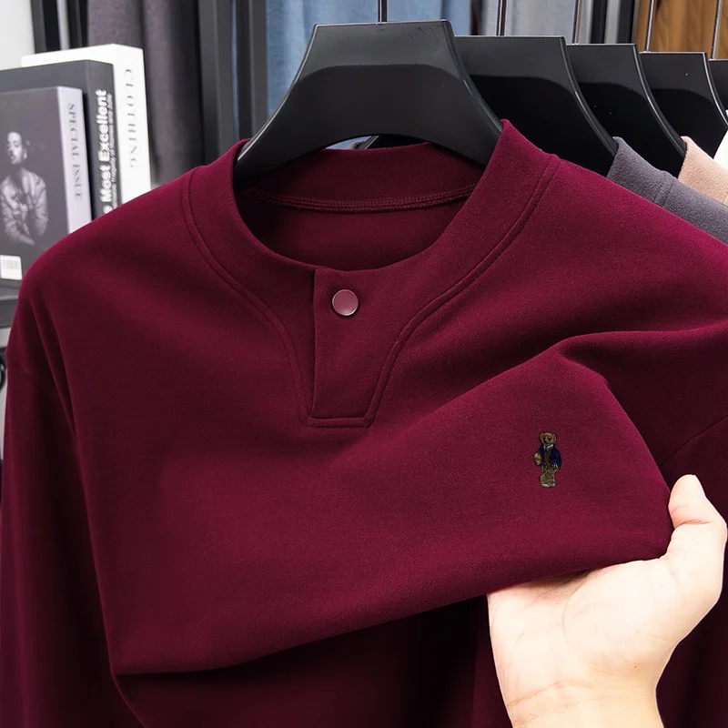 Designer Original Men's Long Sleeve T-Shirt Thick Derong Fleece-Lined Y-Neck Henley Bear Embroidery Warm Casual Top Men's Wear