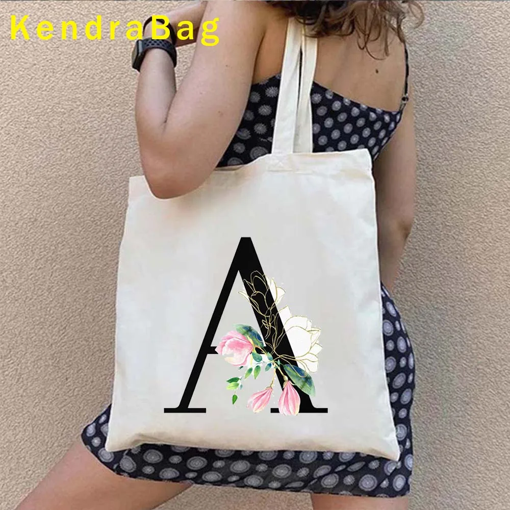 Pretty Flower Black White Initial Letter A to Z Floral Monogram Alphabet Cute Gifts Canvas Shoulder Tote Bag Eco Cotton Handbag