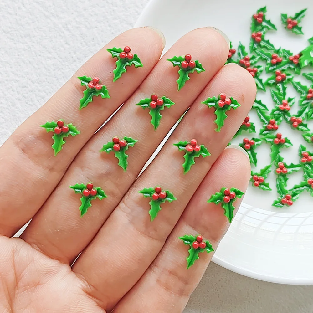 50 Stück Weihnachtsbaumblatt-Harz-Dekorationen mit flachem Boden für Nägel, geeignet für DIY-Schmuckherstellung – Detail 1