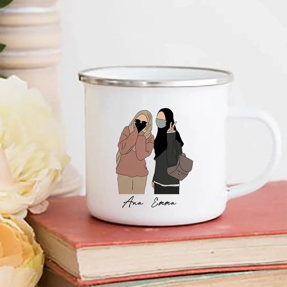 Personalised Hijabi Girl Print Mug Coffee Cups Muslim Best Friend with Name Enamel Cup Handle Mugs Eid Birthday Gift for Friends