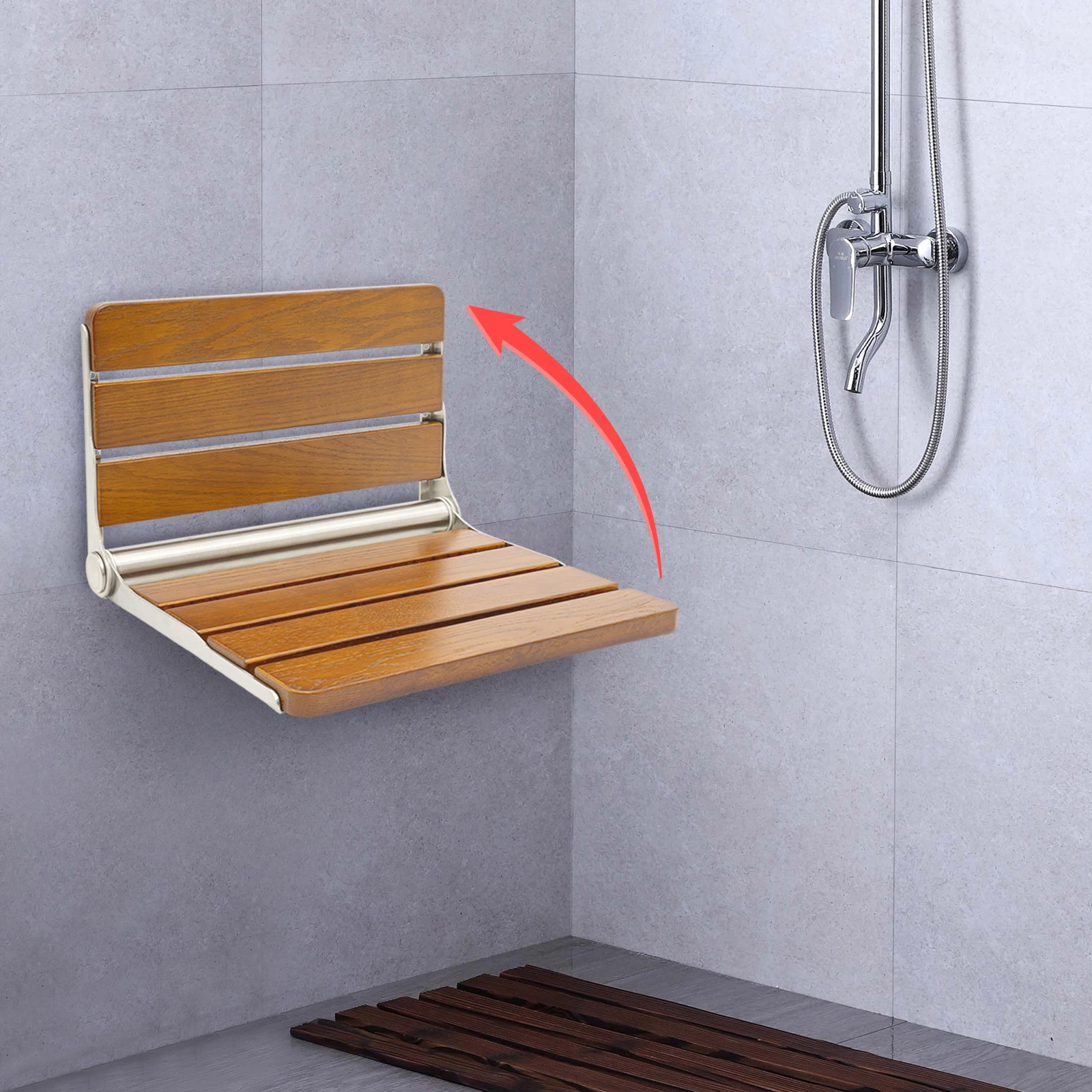 Folding Shower Seat Wall Mount Bathroom Chair Solid Wood Invisible Entryway Hallway Shoe Bench Rack Non-Slip Adults Kids 441lbs