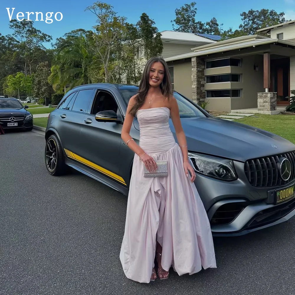 

Verngo Simple Pink Crepe Evening Dress Strapless Pleated Side Slit Formal Occasion Dress Elegant Maxi Prom Gown Customized