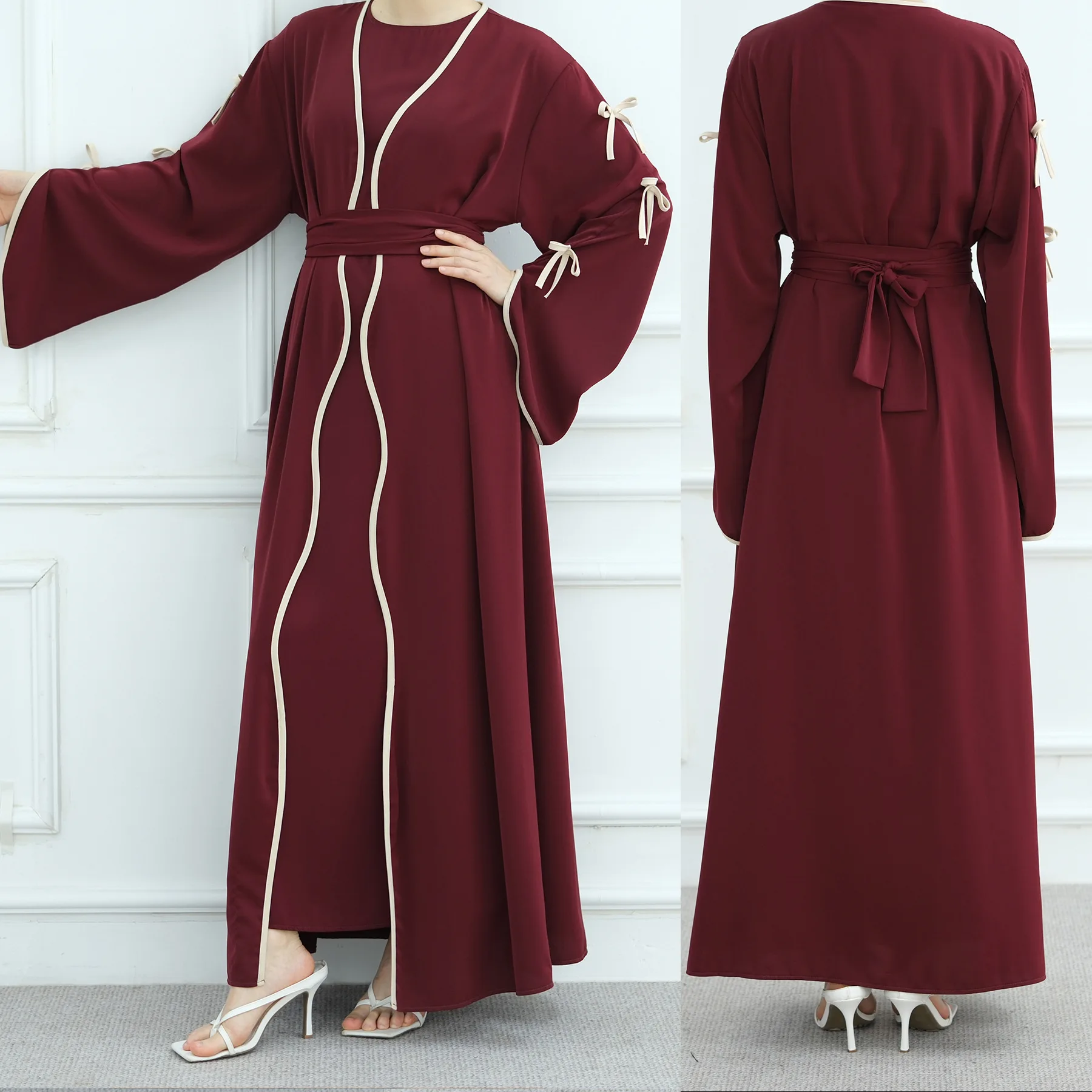 Burgundy Islamic Muslim Set Open Abaya +inner Dress Suit  Middle East Muslim Ladies Bow Details Inner Layer Ramadan Saudi Suit