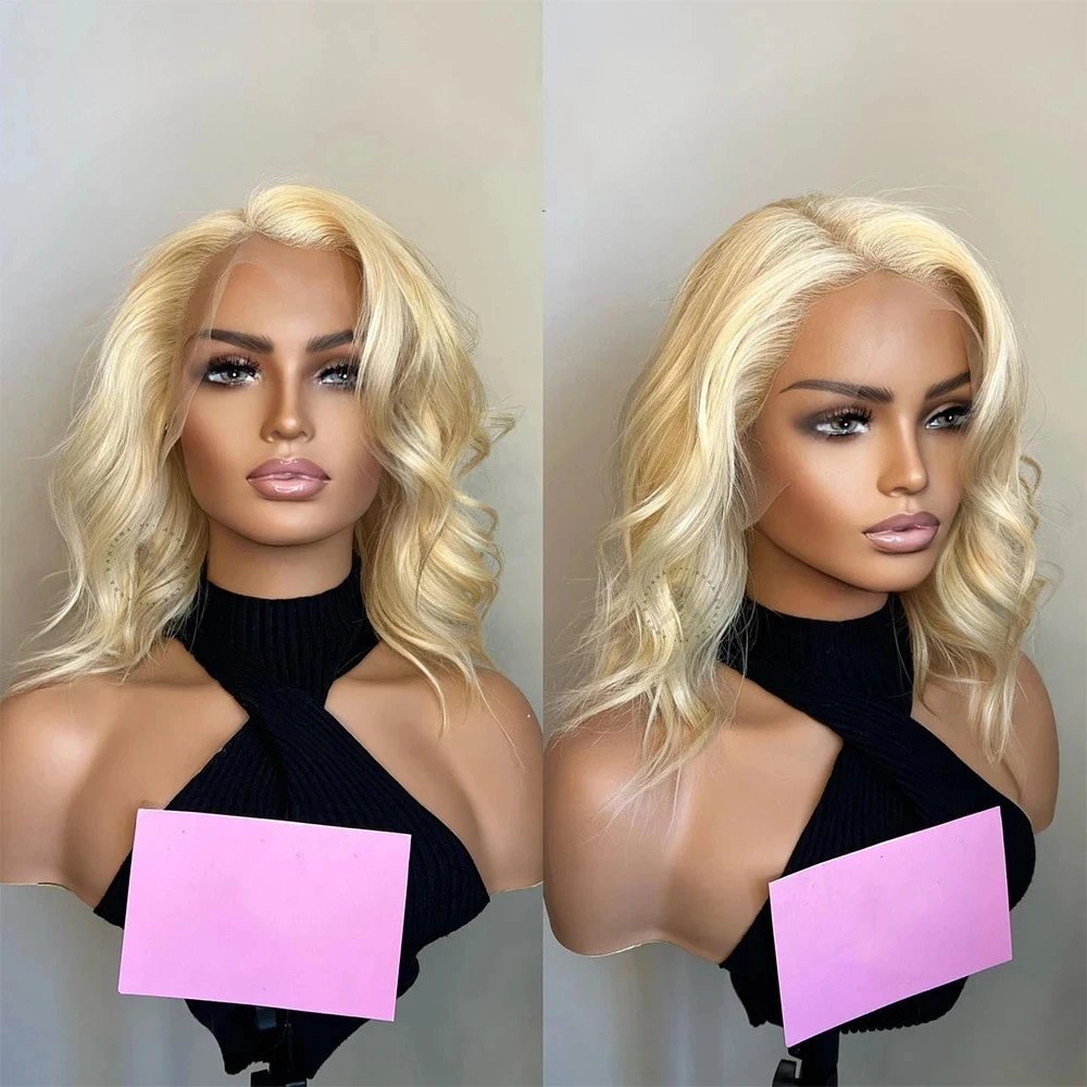 #613 blond koronkowa peruka na przód ciało faluje peruka z krótkim bobem włosy syntetyczne przezroczyste peruki typu Lace Front wstępnie