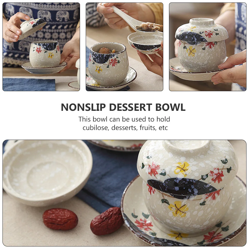 

1Set Ceramic Dessert Bowl with Cover Cubilose Nonslip Multipurpose Bowl Steamed Egg Syrup Household Cup