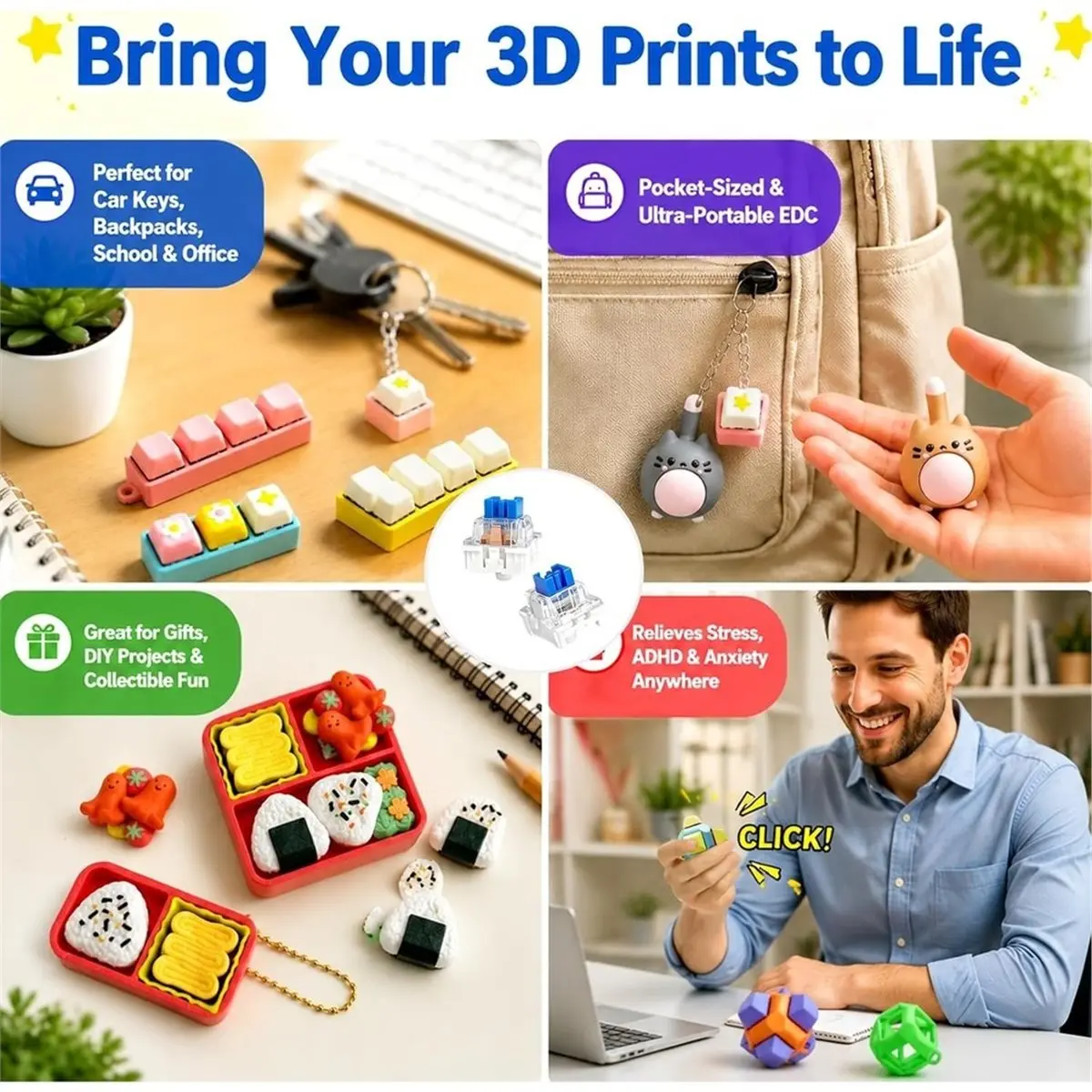 200Pc Clickers for 3D Prints, Pinless Keyboard Switches Set Blue Keyboard Switches, Loud Tactile Clicky Switches for DIY