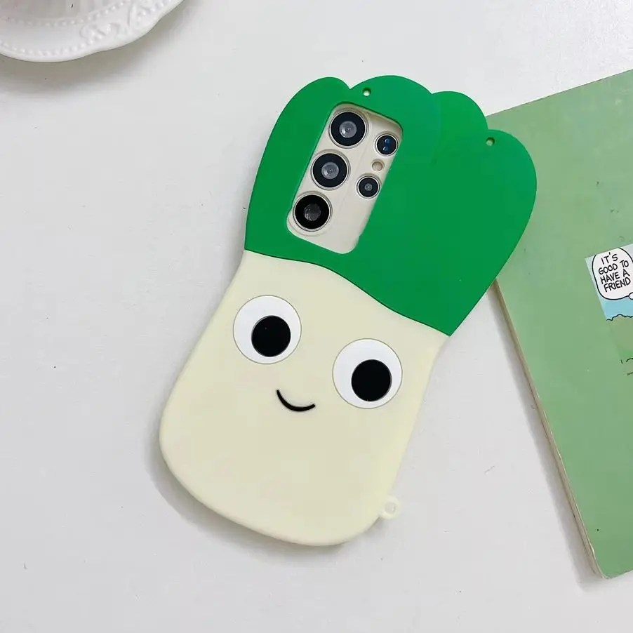 Playful Green Leek Bead Chain Phone Case for 17 Pro Max Crossbody Strap Silicone Vegetable Protective Cover for iPhone 16 15 14