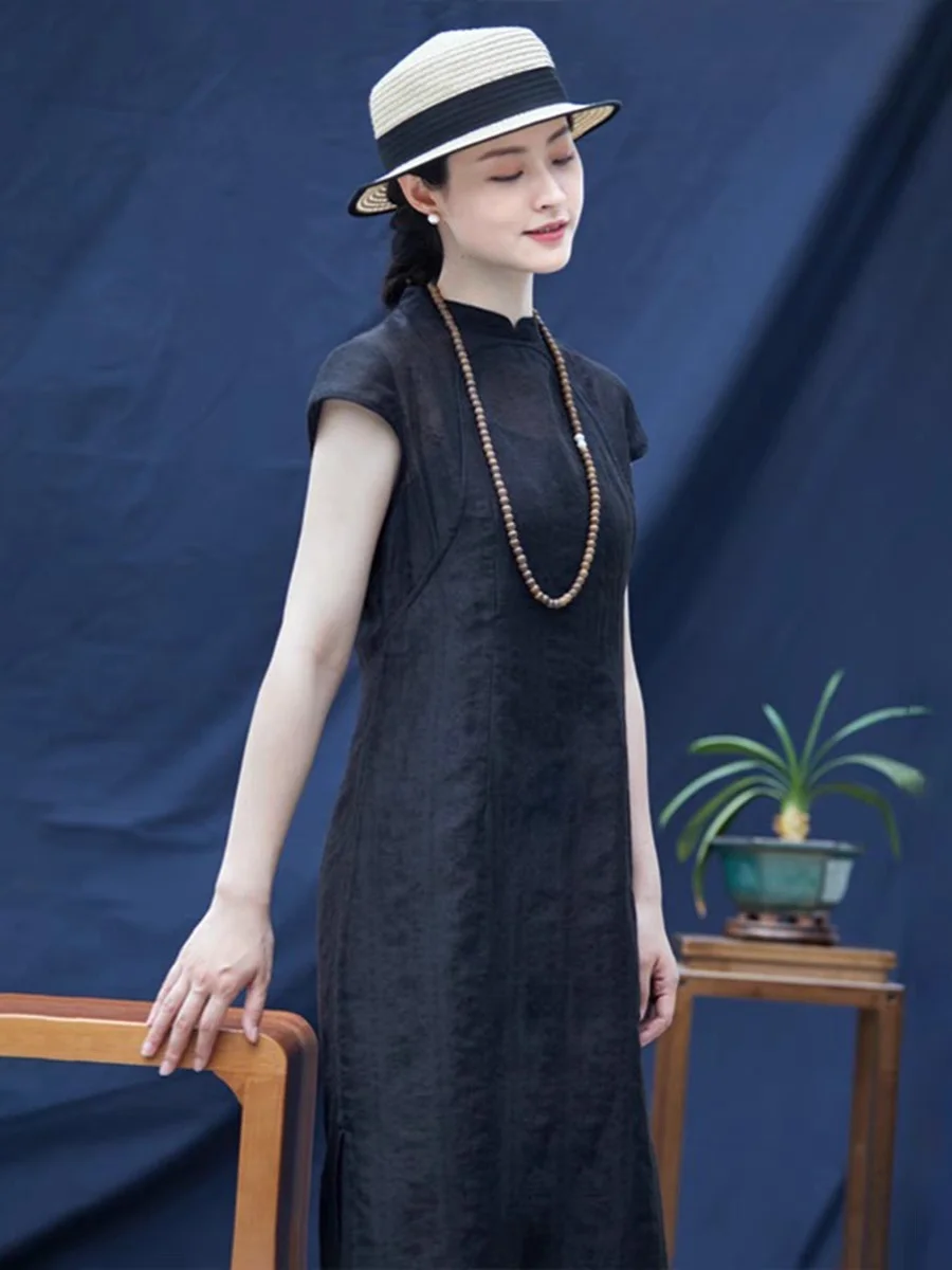 

Ele винтажная китайская лоскутная однотонная модифицированная Qipao Dr ort Sve с воротником-стойкой, длинная юбка с разрезом для женщин