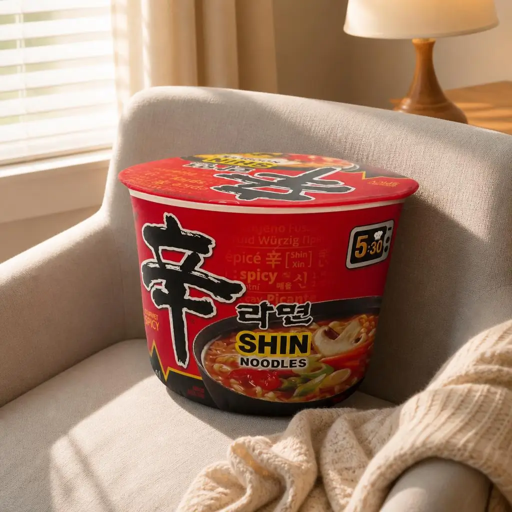Spicy Korean Ramen Cup Shaped Throw Pillow Stuffed Noodle Cushion Foodie Kitchen Decor Sofa Accent Gift for Ramen Lovers