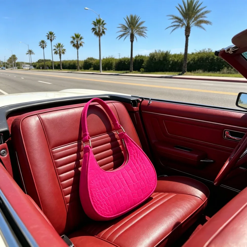Hot Pink Croc Texture Underarm Bag, Retro Crescent Hobo Shoulder Handbag, Trendy Summer Purse for Women