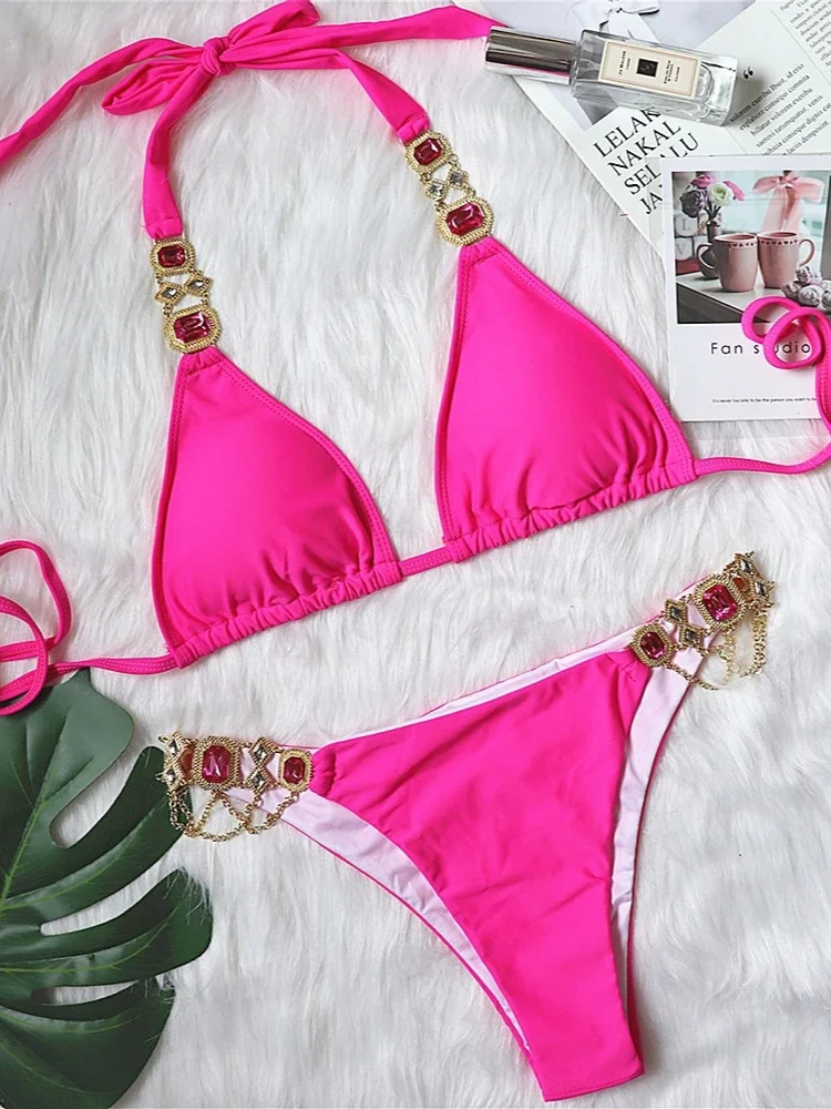 Bikini Set Women's Crystal Diamond 2 Piece Swimsuit Creative Metal Chain Sexy Straps Solid Color Low Waist Thong Beachwear 2025