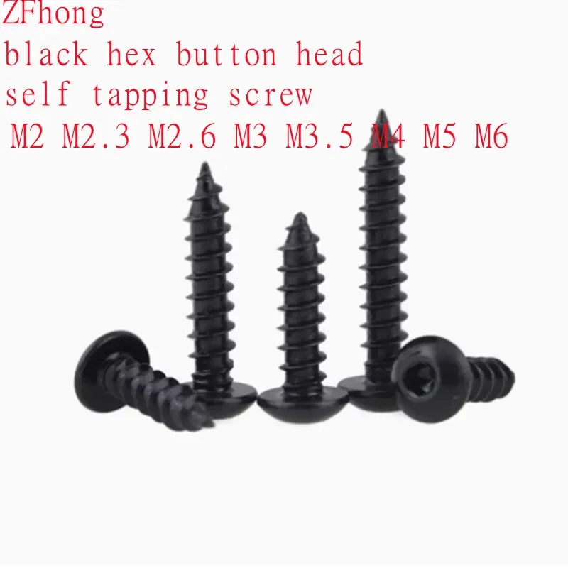 10-100pc M2 M2.3 M2.6 M3 M3.5 M4 M5 M6 Black Hex Socket Button Head Self Tapping Screws 8.8 Steel Round Head Allen Tapping Screw