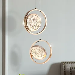 Modern Led Round Pendant Lights Crystal Ring Hanging Lamps Gold Bedside Lighting Decoration Bedroom Rotatable Luxury Droplight