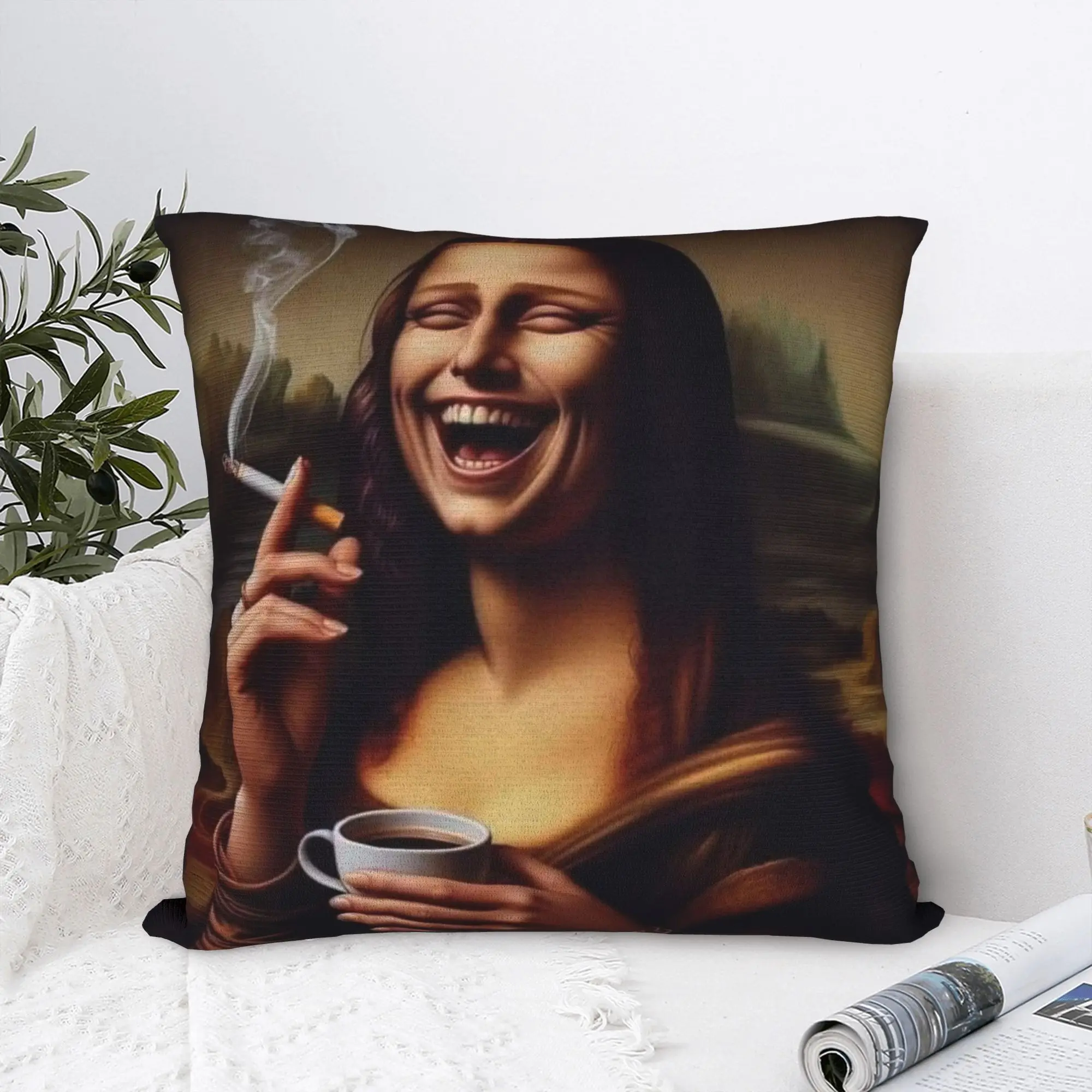 Funny Smoking Coffee Mona Lisa Pillow Cover  Fashion Pillow Case For Sofa Bedroom Home Decor Comfy Pillowcases Gift Idea