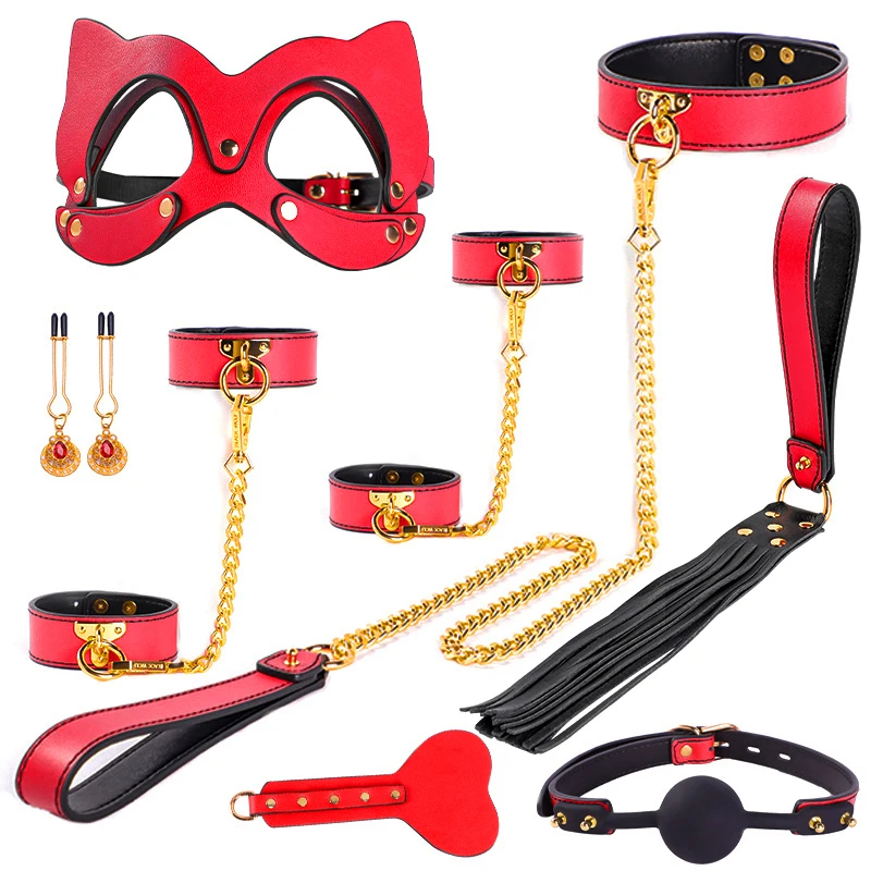 Red Genuine Leather Bondage Set BDSM Sex Toys Kits Restraint Handcuffs Collar Gag Whip Erotic Products Women Couples Adult Games