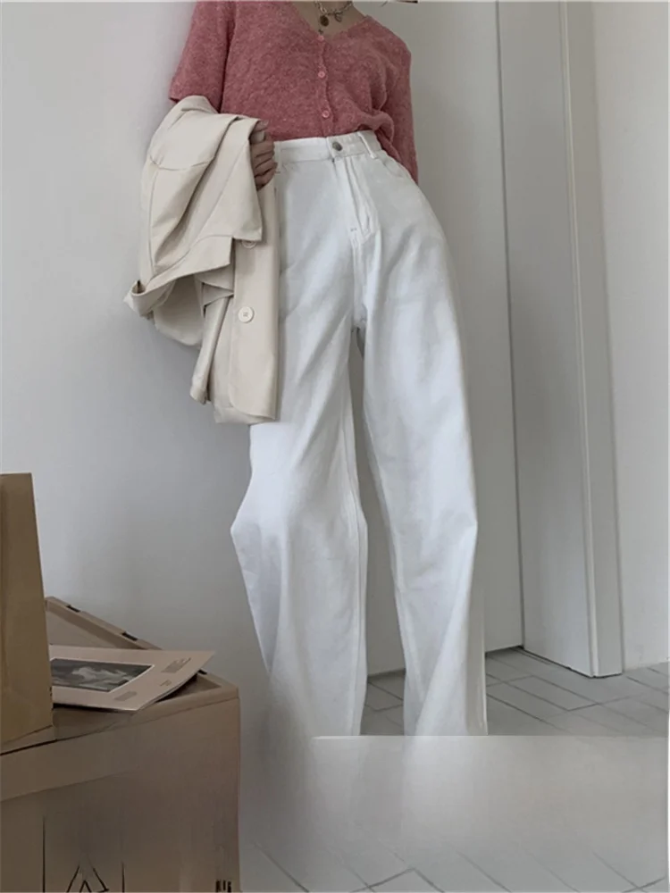 

Белые свободные прямые джинсы с высокой талией, женские осенне-зимние новые драпированные повседневные широкие длинные брюки, модные