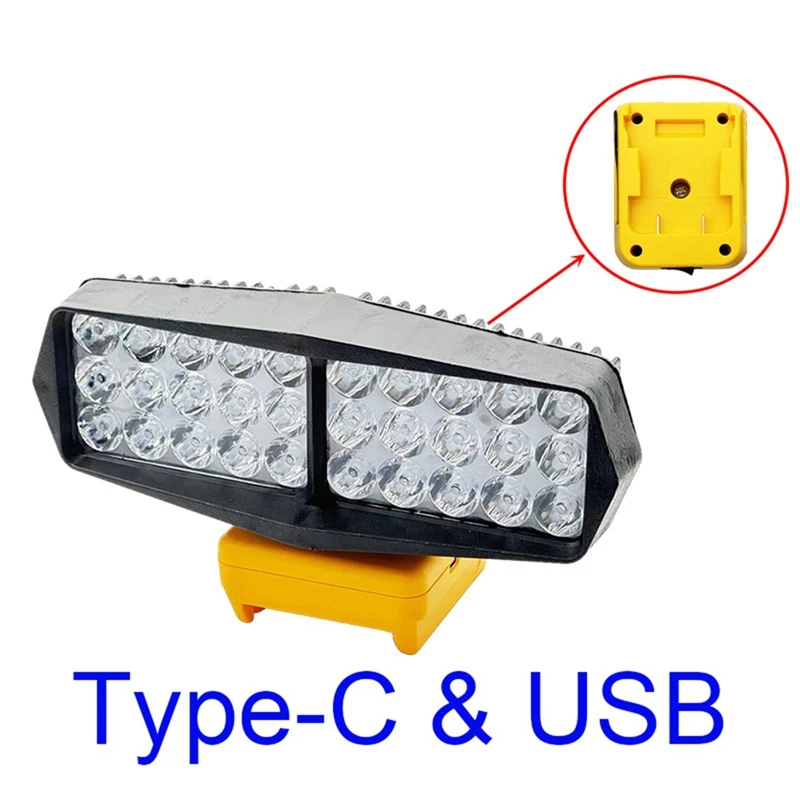 

30-светодиодная рабочая лампа, фонарик, прожектор, аккумулятор USB и Type-C с защитой от низкого напряжения для литиевой батареи Dewalt