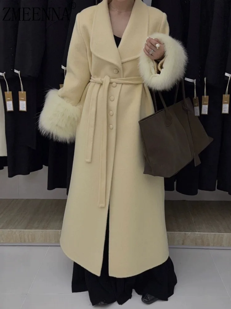 

ZMEENNA Womens Yellow Wool Blend Long Coat Fur Cuff Button Belted Waist Elegant Luxury Warm Winter Outerwear ZM4639