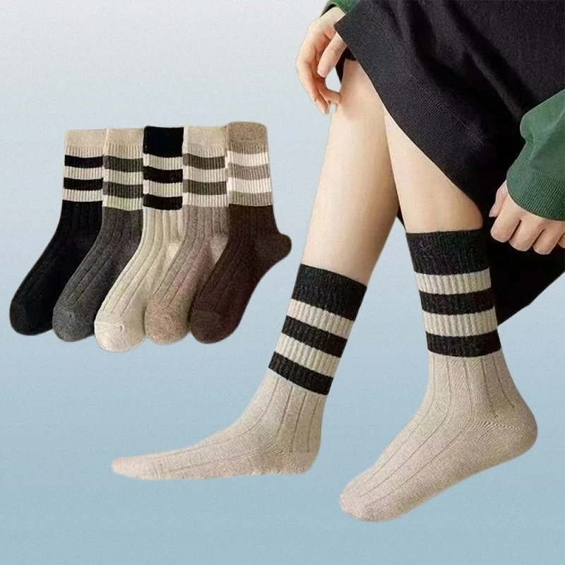 Chaussettes mi-tube pour femmes, respirantes, absorbant la transpiration, rétro, chaussettes longues à deux barres, tendance automne et hiver, 10/15 paires