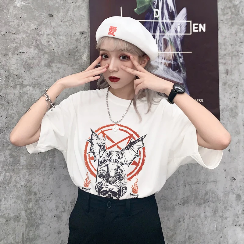 

Готические модные футболки с принтом скелета и дьявола, уличные топы в стиле панк, хип-хоп, ретро, эстетические свободные топы с круглым вырезом для пар, топы с короткими рукавами